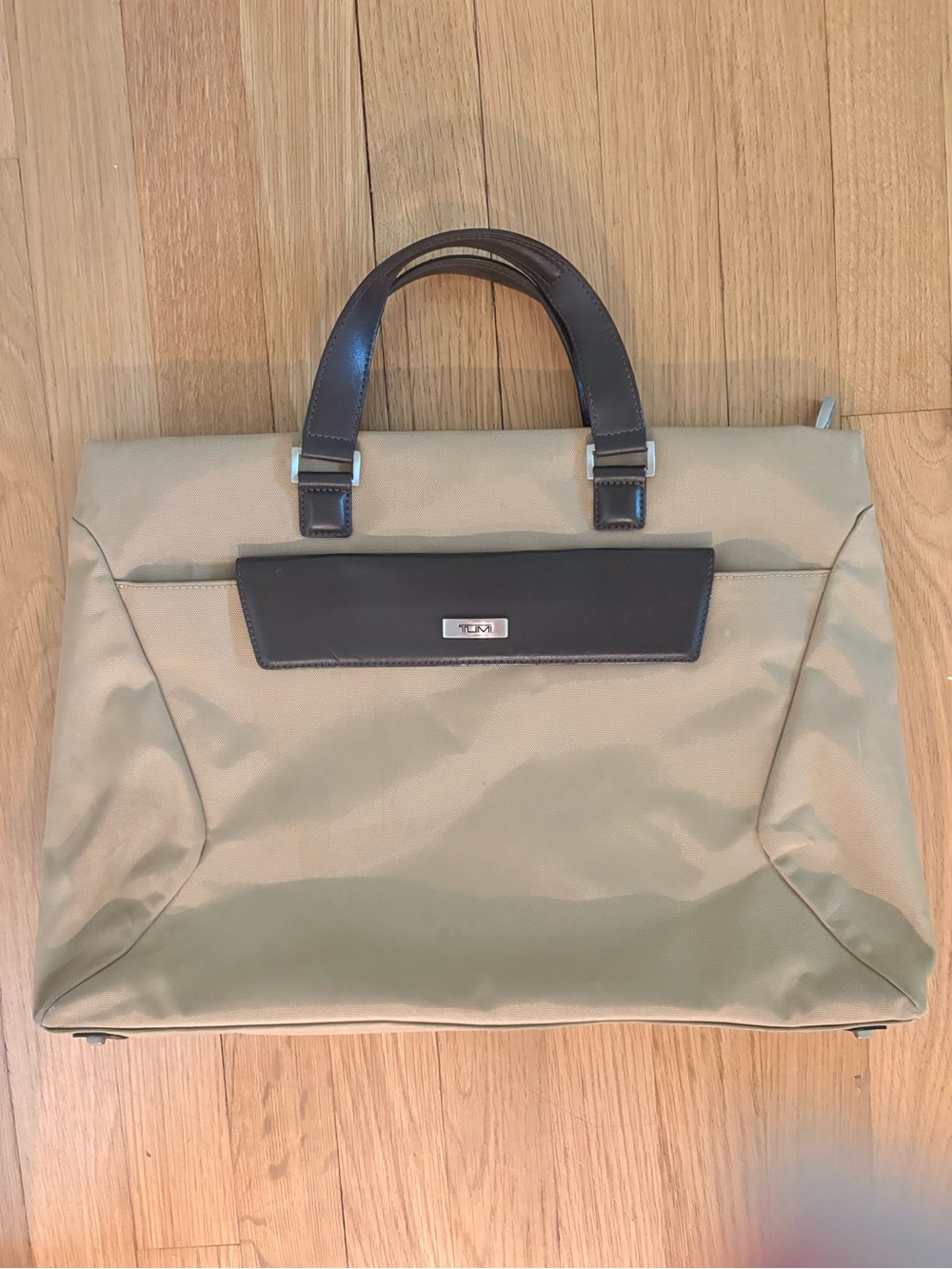 Tumi Beige and Dark Brown Nylon Briefcase with Leather Trim
